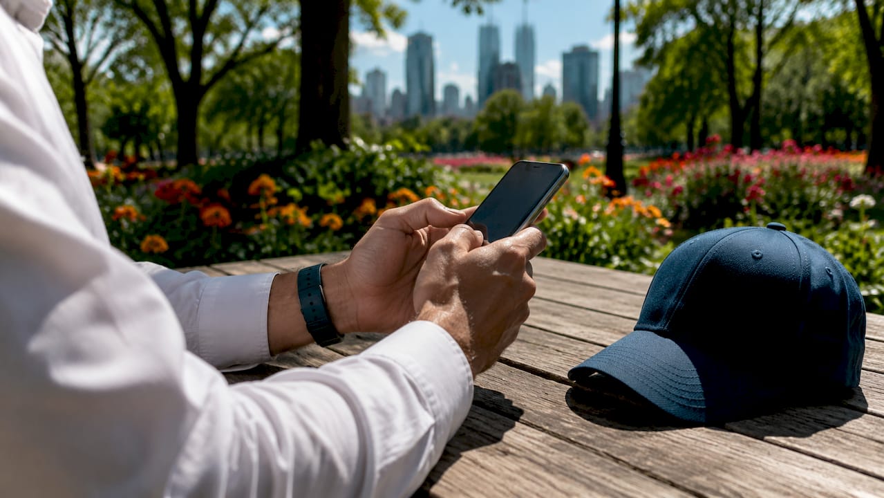 Close-up of hands scrolling on smartphone outdoors