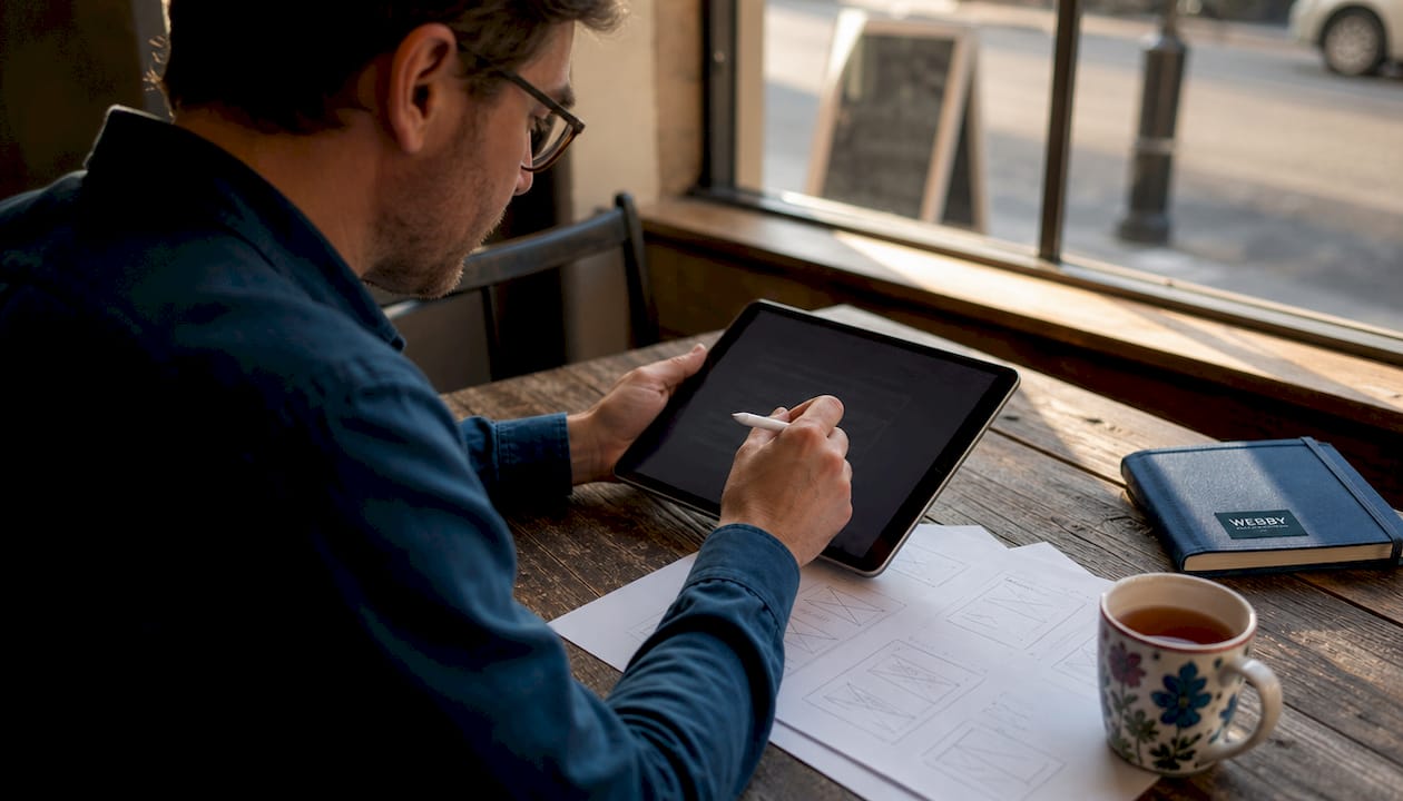 Local business owner optimizing website landing page on tablet