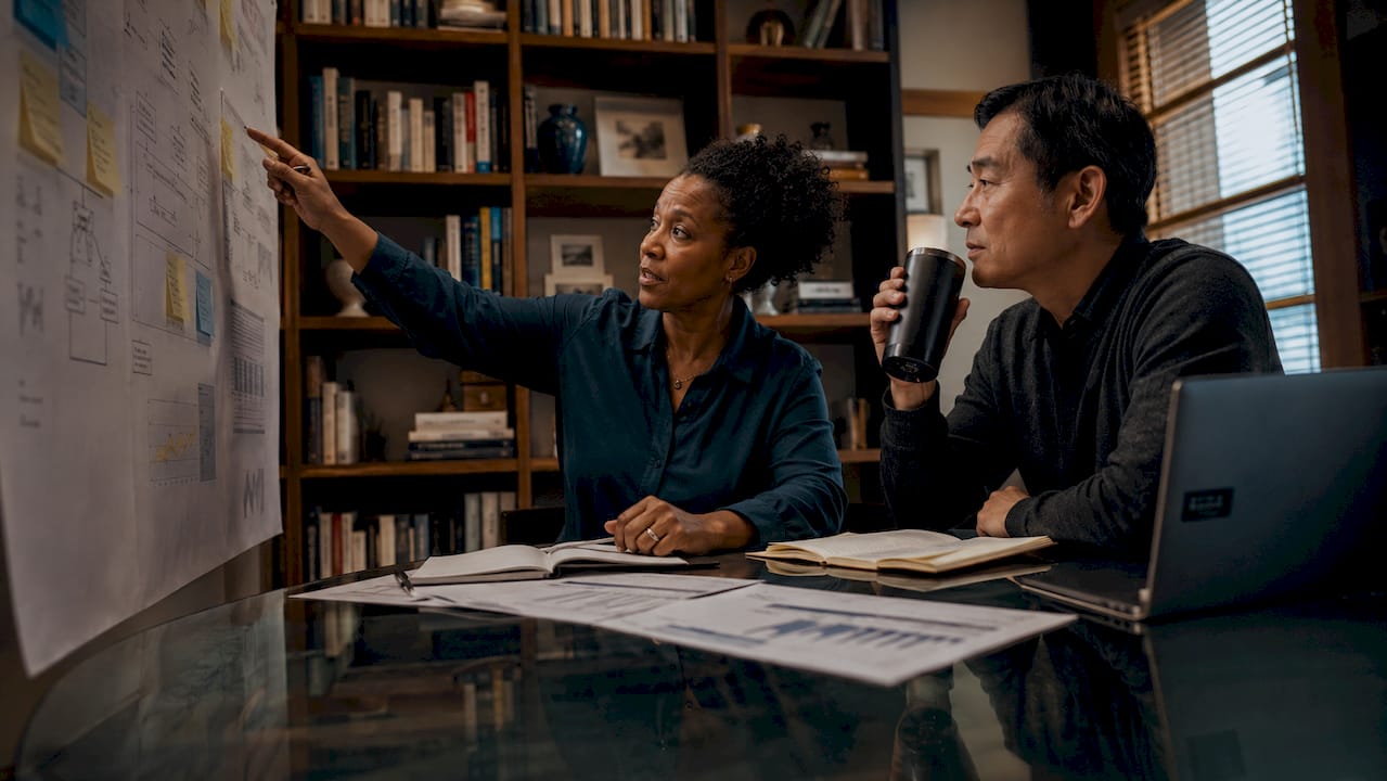 Two business owners discussing search intent strategies