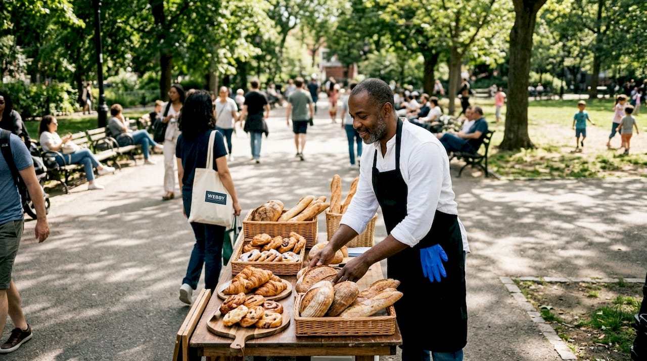 Small business owner arranging bakery products