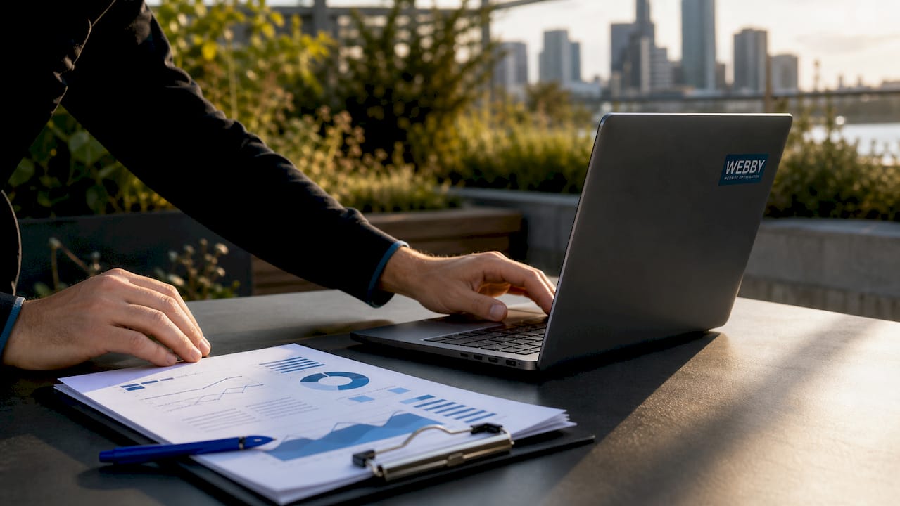 Close-up of hands typing with SEO notes