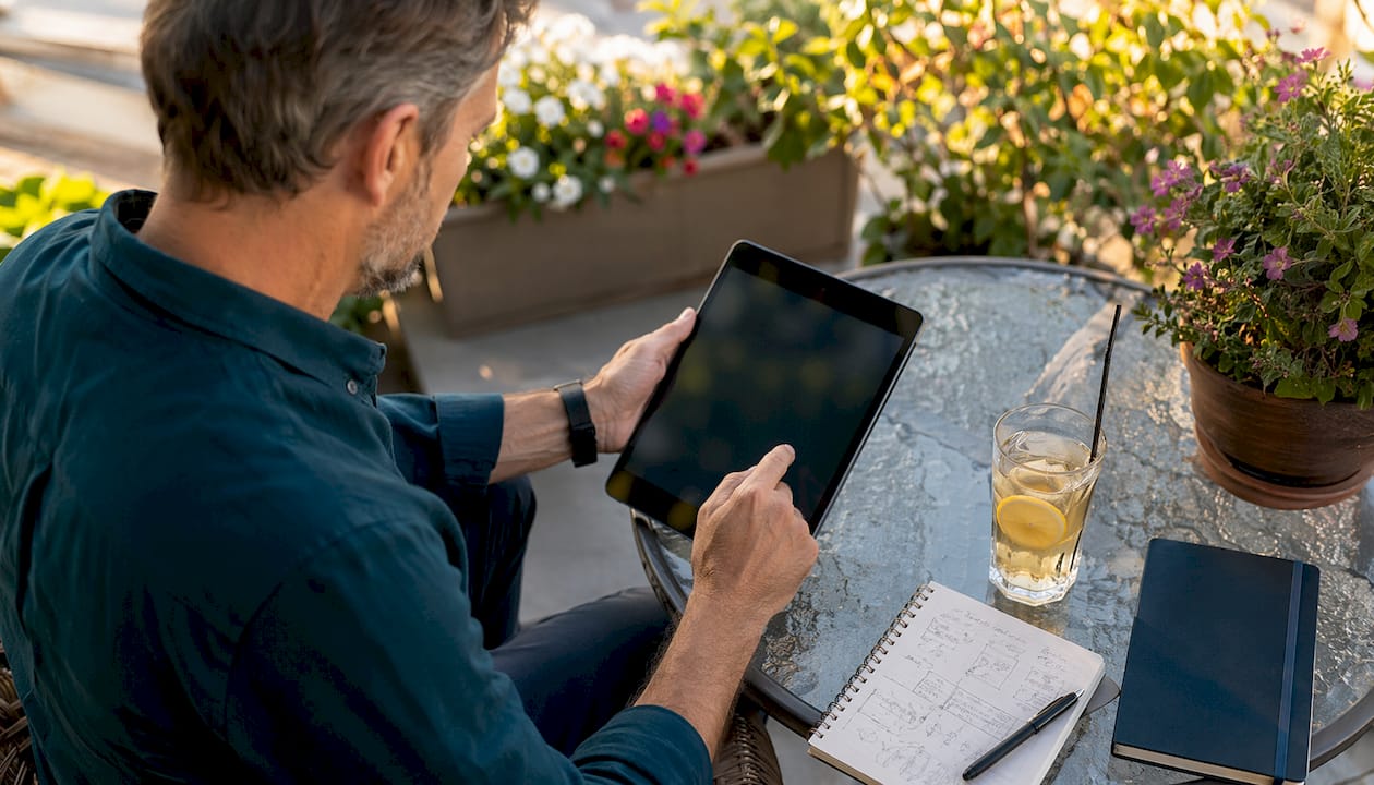 Hands using tablet to manage business profile