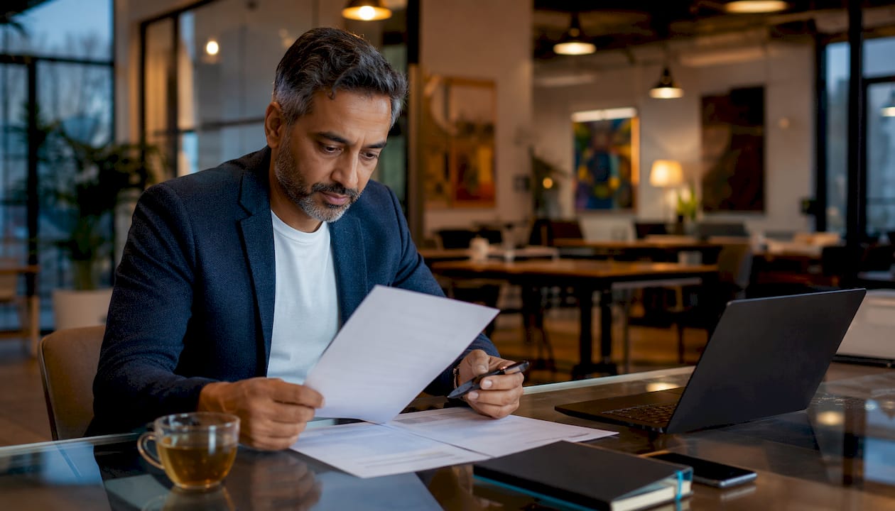 Business owner reviewing FAQ pages in café