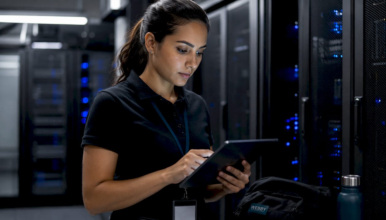 Engineer inspecting server racks in data center