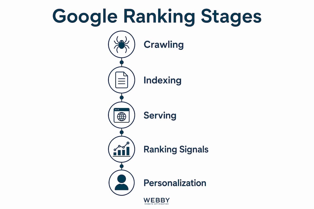 Infographic illustrating Google ranking process stages