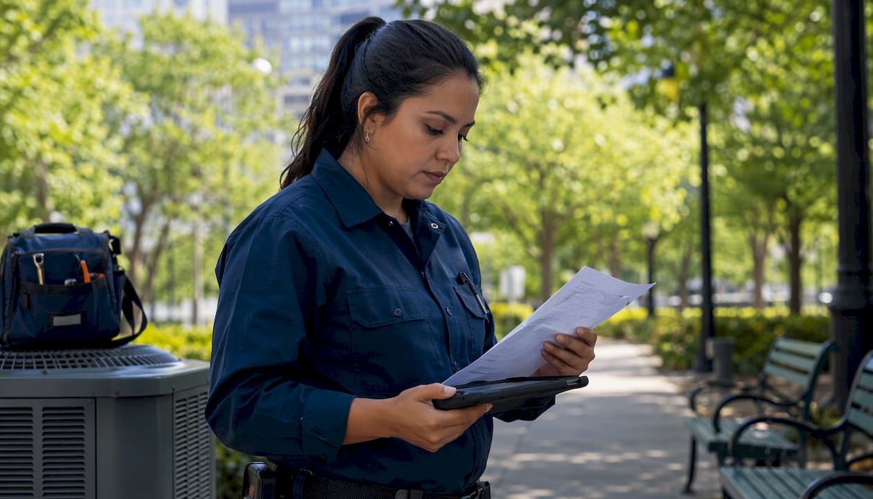 HVAC technician reviewing repair checklist and tablet