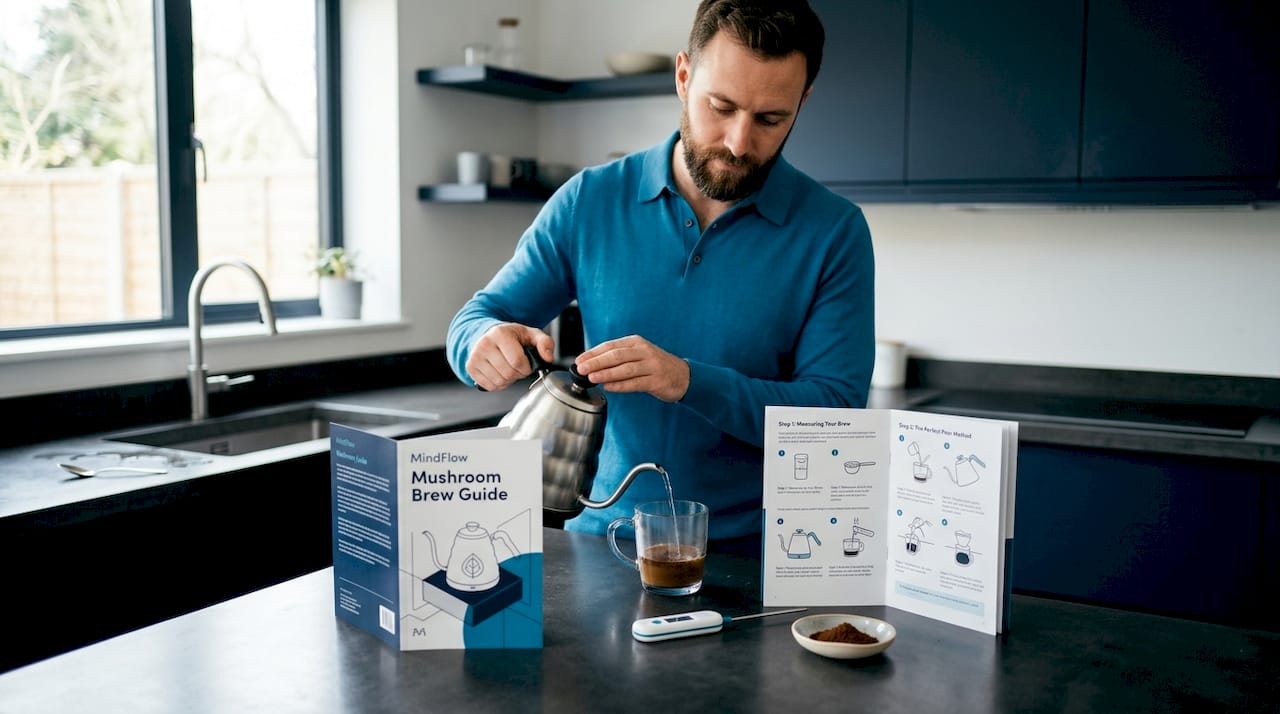 Man brewing mushroom coffee by illustrated guide