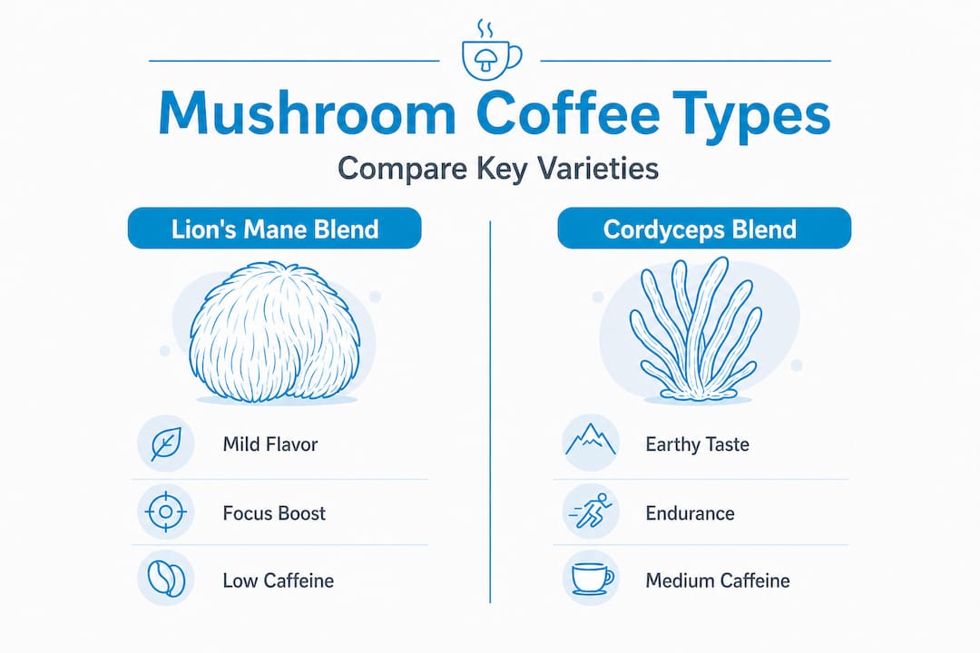 Infographic comparing mushroom coffee types and effects