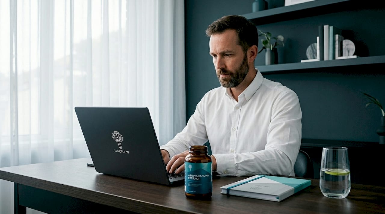 Person working at desk with ashwagandha supplement
