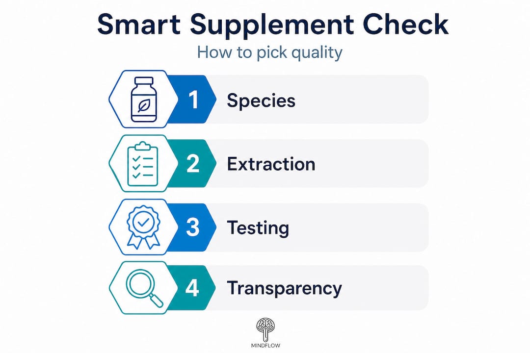 Vertical infographic showing mushroom supplement quality steps