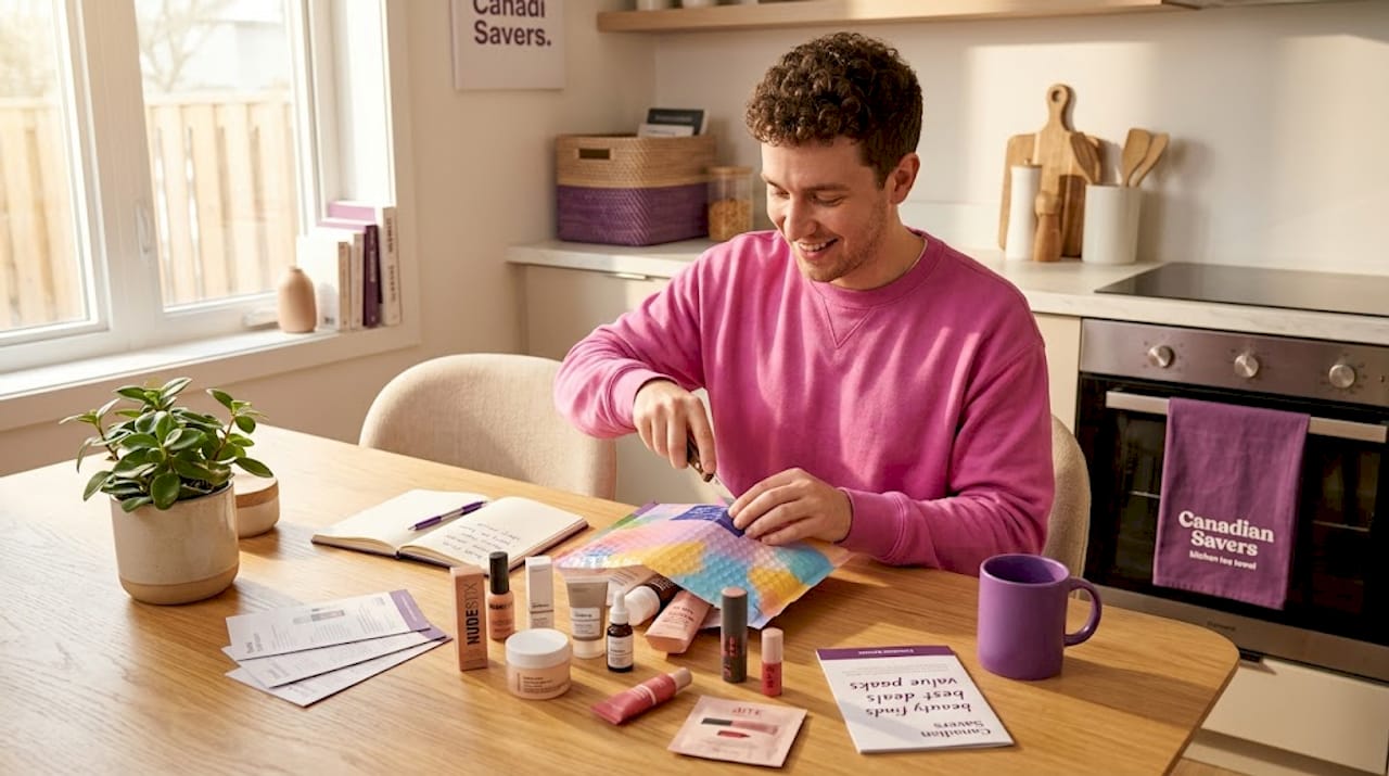 Unboxing beauty samples at kitchen table