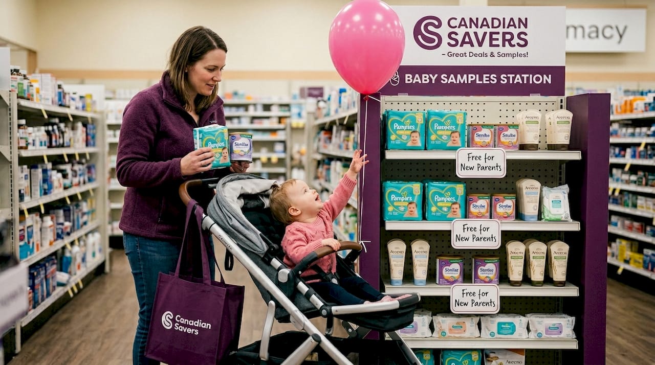 Pharmacy display offering baby sample packs