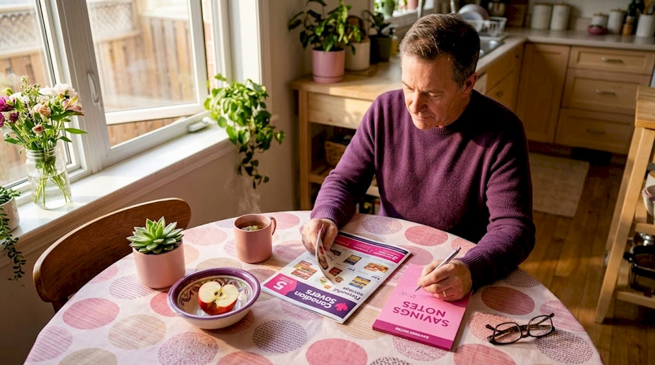 Grocery deal cycles: maximise savings on every shop 2 Man reading grocery flyers at kitchen table