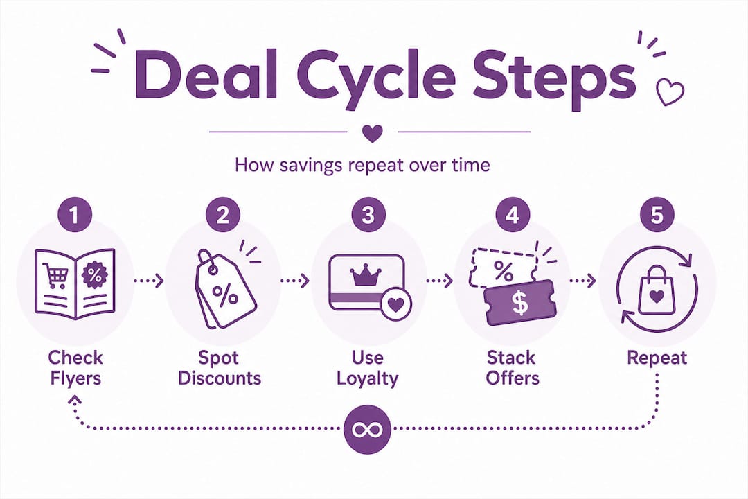 Grocery deal cycles: maximise savings on every shop 1 Infographic showing grocery deal cycle steps