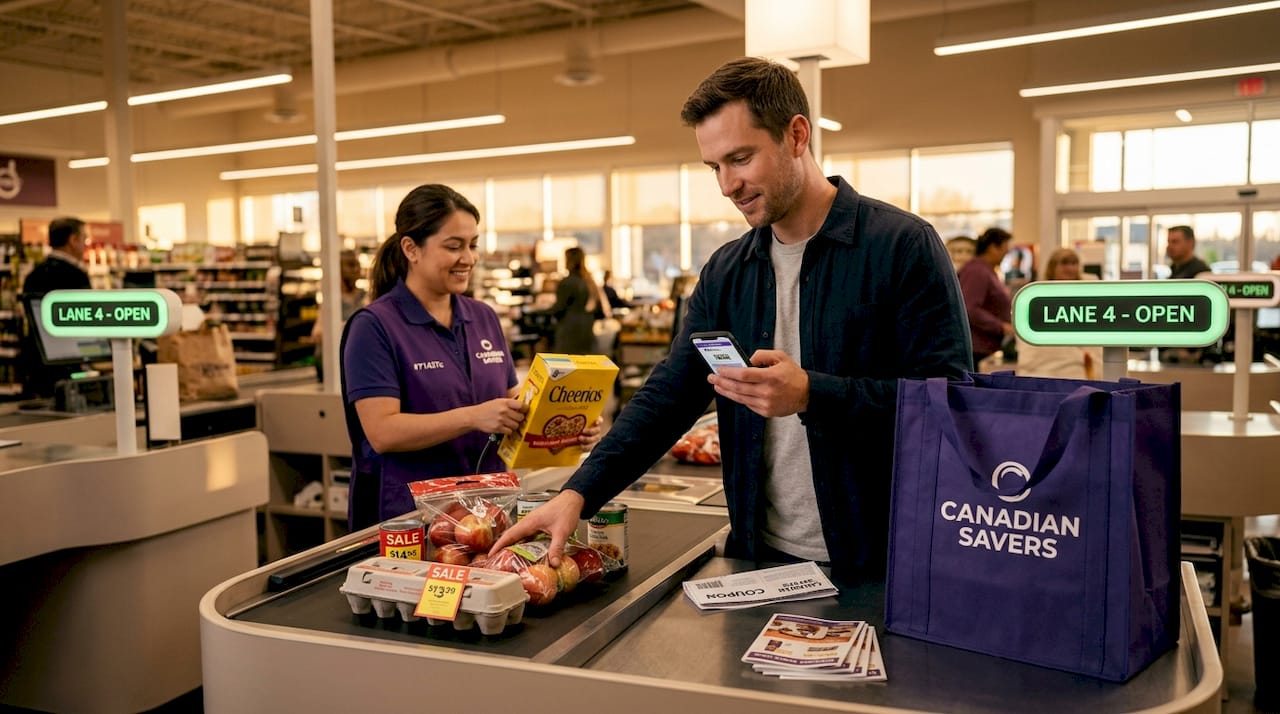 Shopper using coupons at grocery checkout