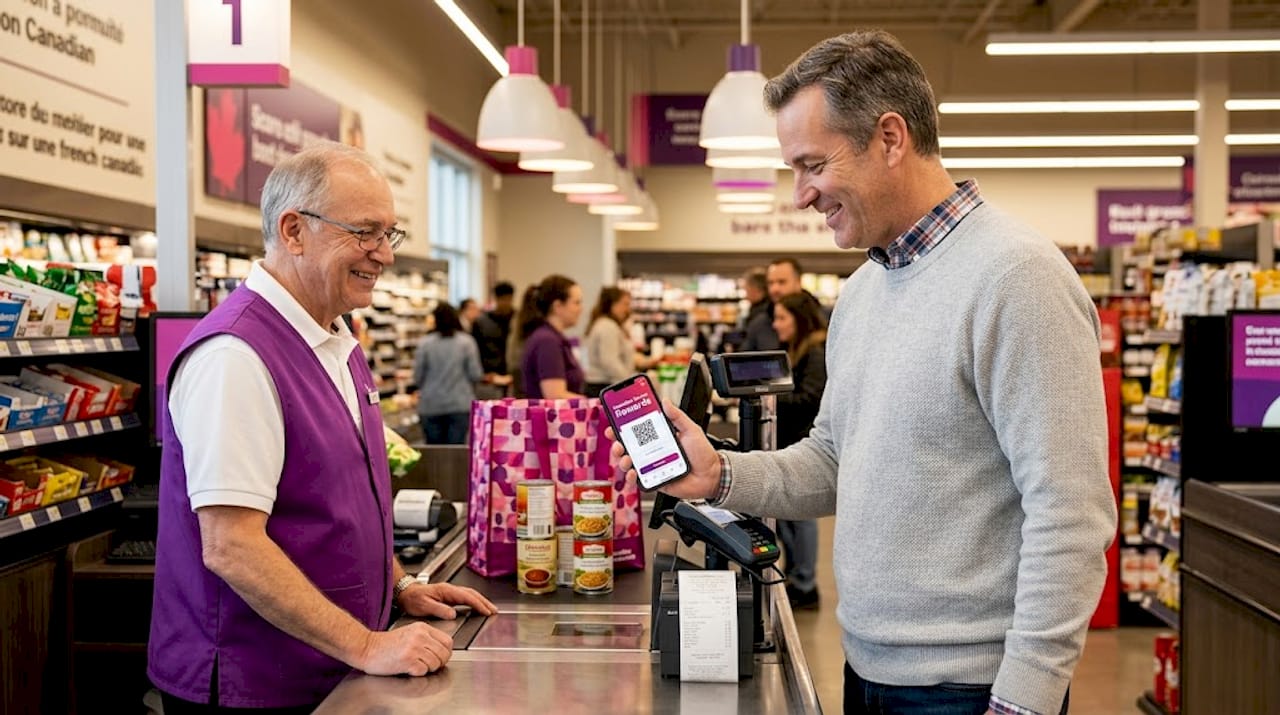 Shopper scanning digital coupon at grocery checkout