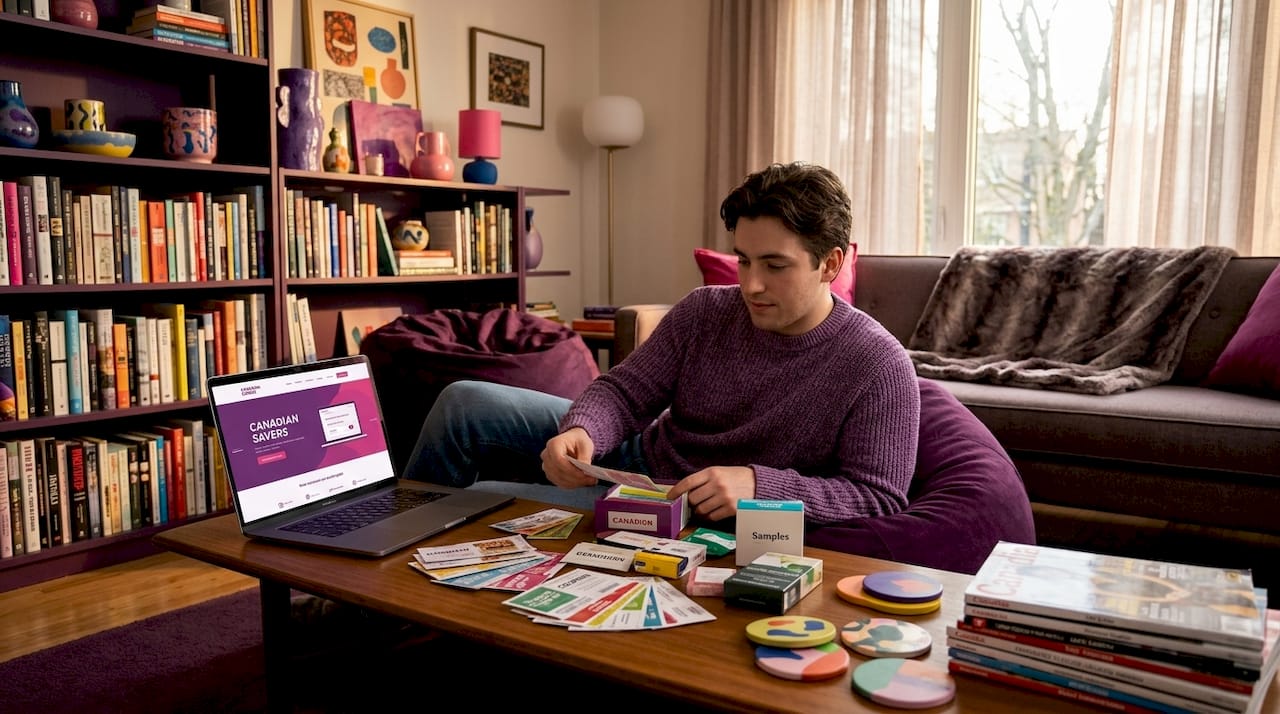 Canadian shopper reviewing free sample box contents