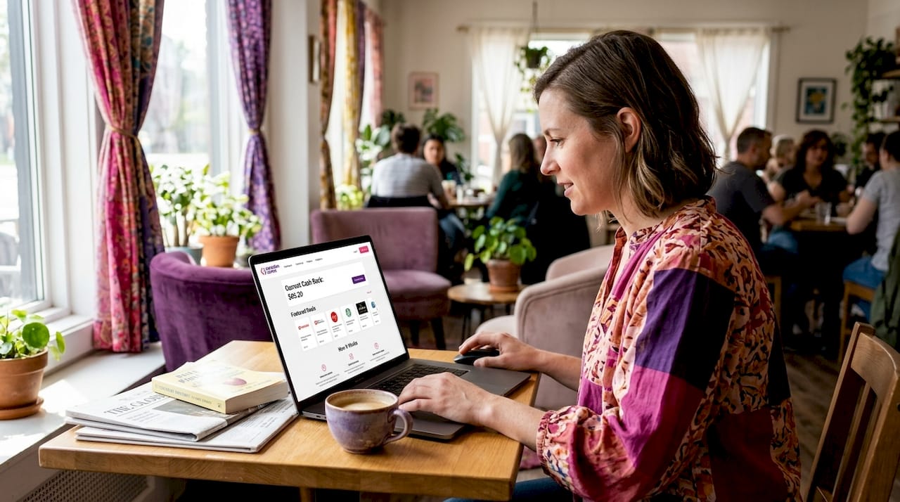 Woman using cashback website at home desk