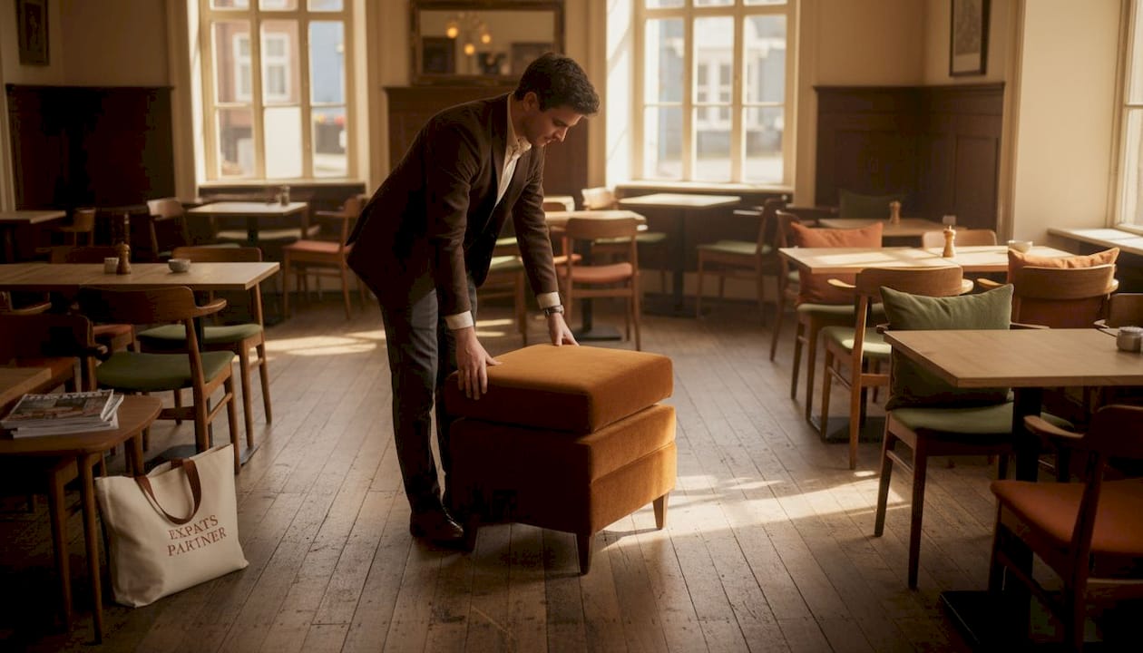 Man arranging ottoman in Singapore flat