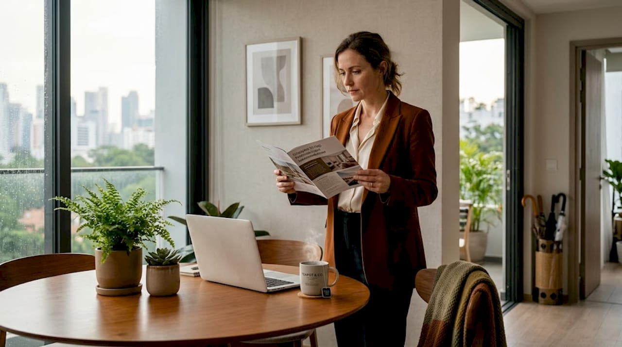 Expat woman evaluating professionally staged apartment