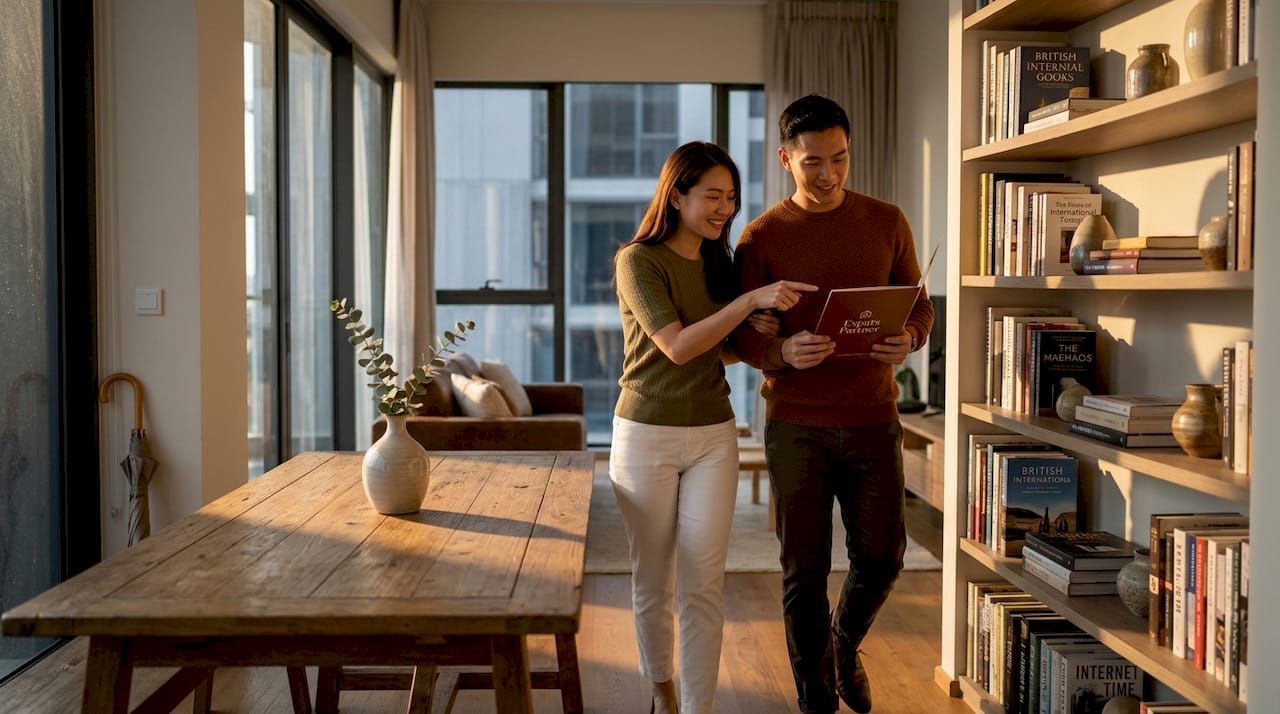 Couple viewing staged Singapore condo