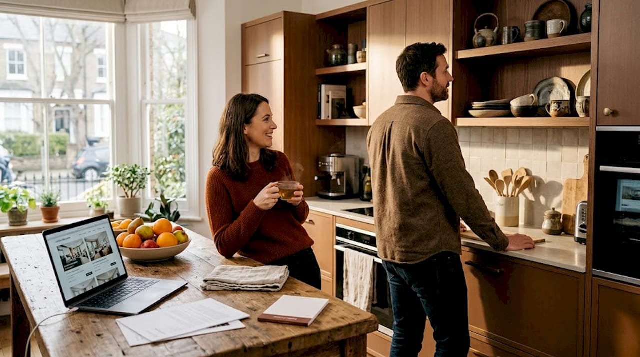 Couple discussing details in staged kitchen