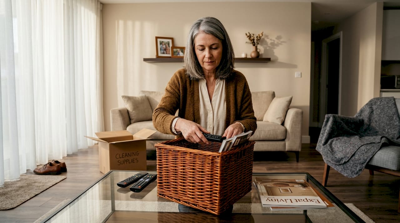 Woman decluttering rental living room for staging