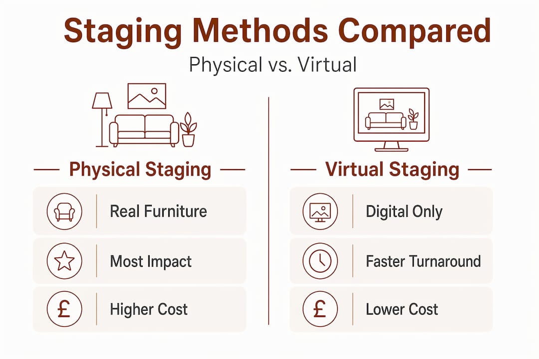 Infographic comparing physical and virtual staging methods