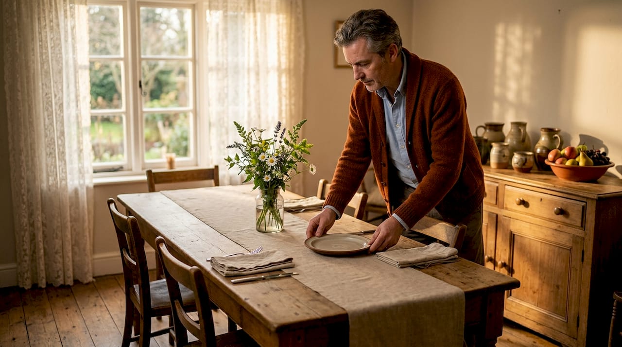 Man sets table in staged, well-lit dining room