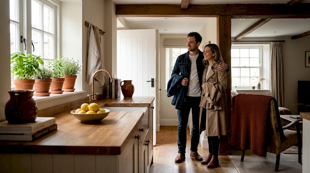 Couple assessing professionally staged kitchen