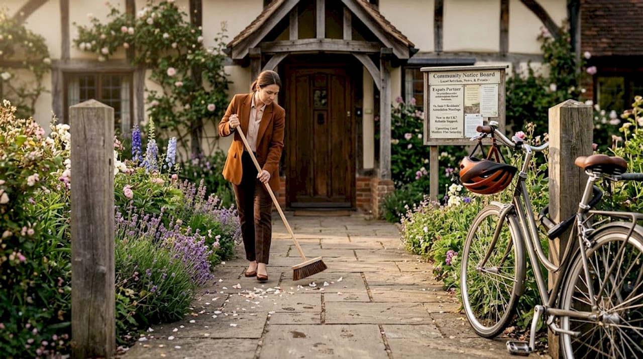 Tidy apartment entrance with manager sweeping