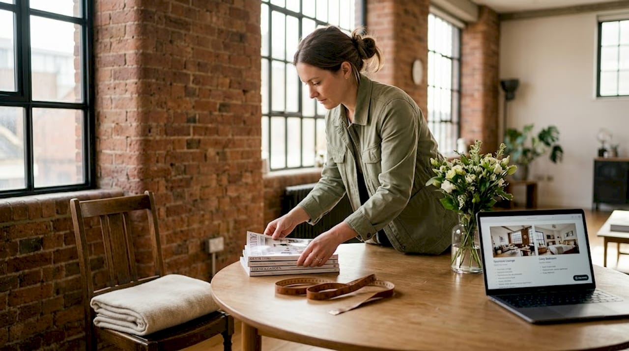 Stager places magazines in styled apartment
