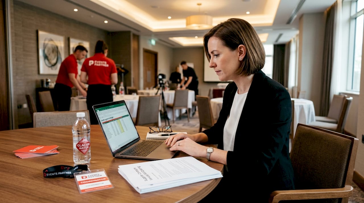 Event coordinator reviewing logistics in conference room