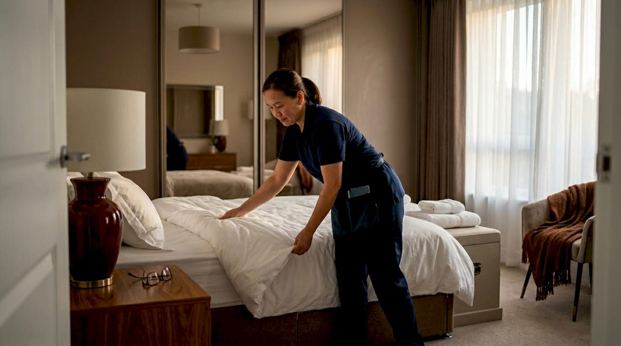 Crew preparing staged master bedroom in condo