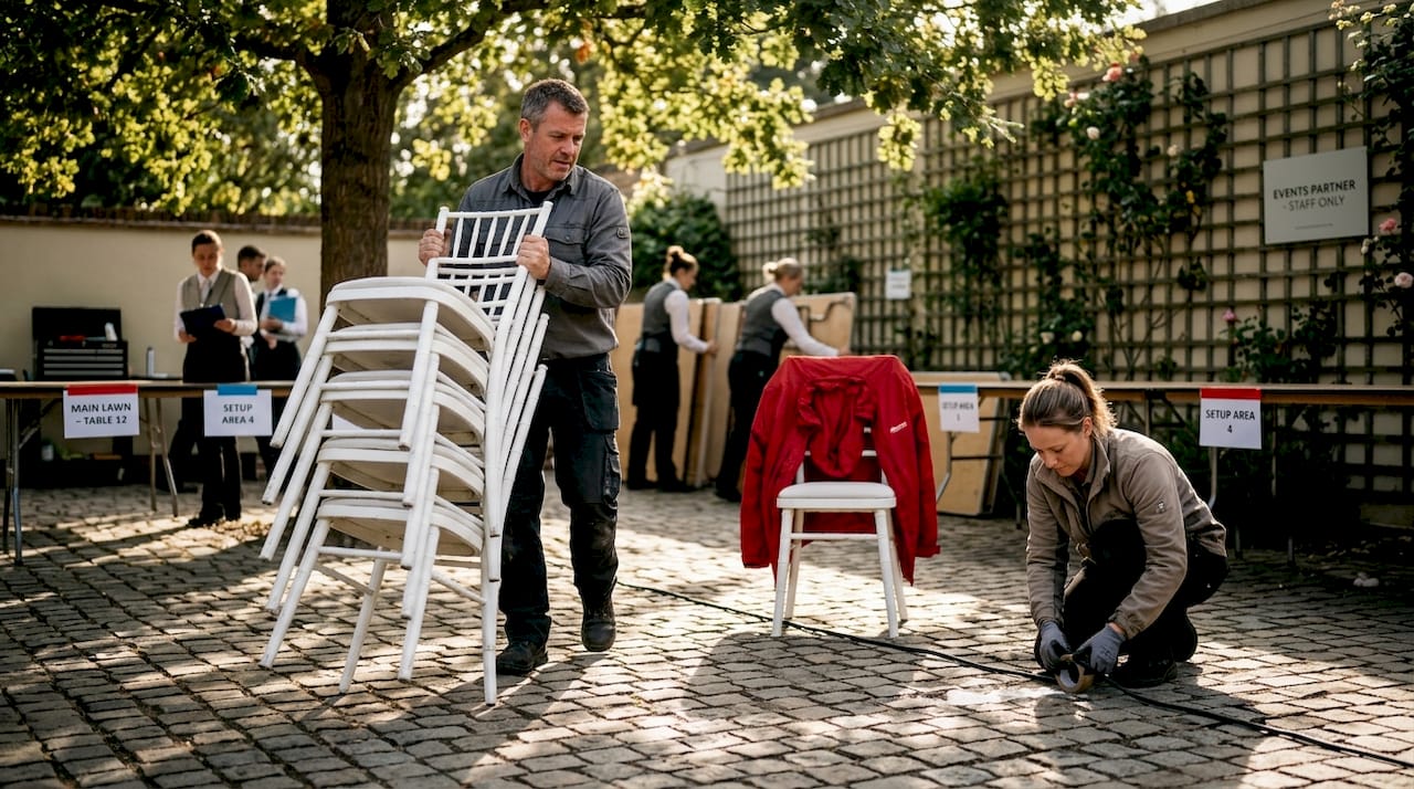 Crew preparing event venue with tables and chairs