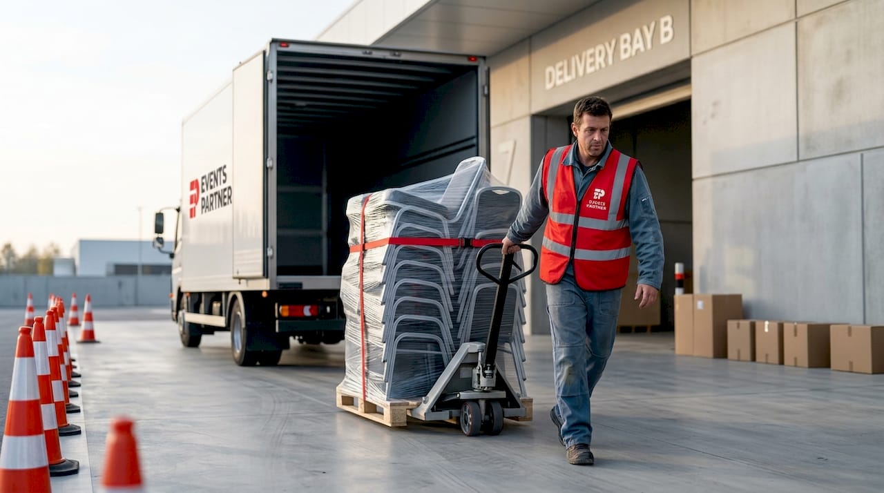 Crew moving event furniture by lorry at loading bay