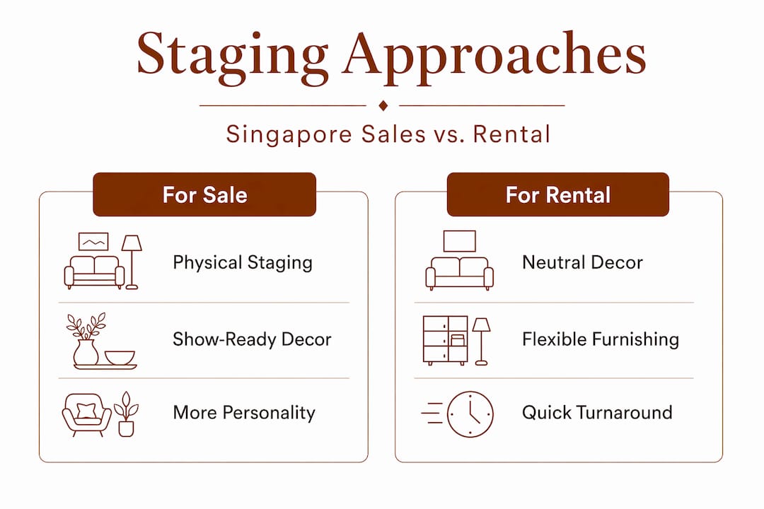 Infographic contrasting staging for sale versus rental in Singapore