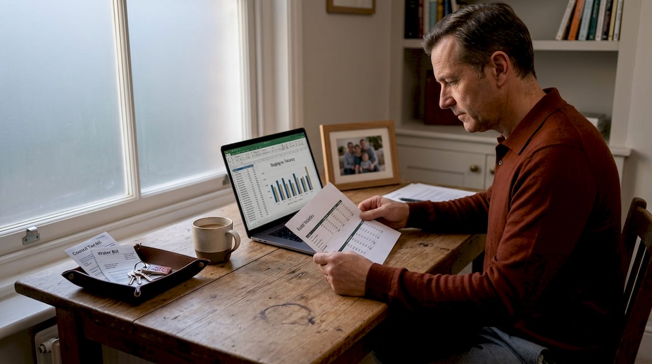 Landlord reading rental property statistics report