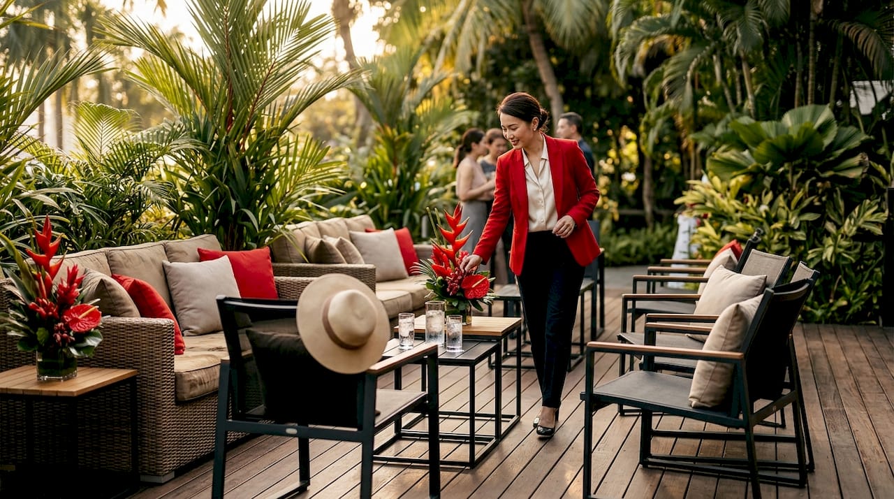 Outdoor lounge furniture setup in tropical Singapore venue