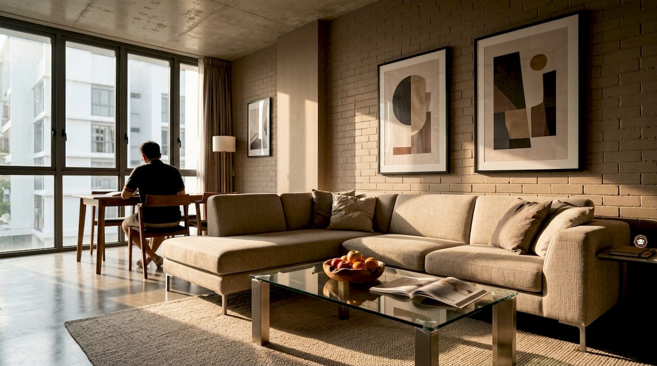 Staged HDB flat living room with rented furniture