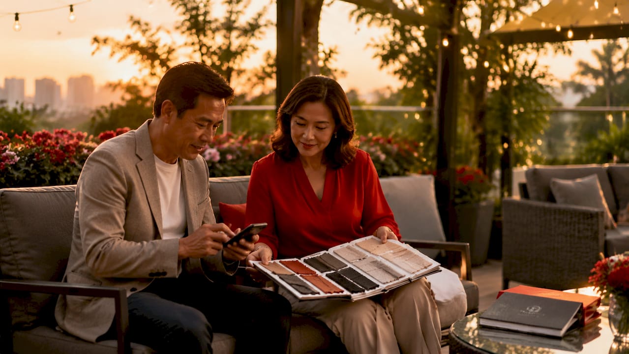 Couple reviewing garden lounge furniture samples