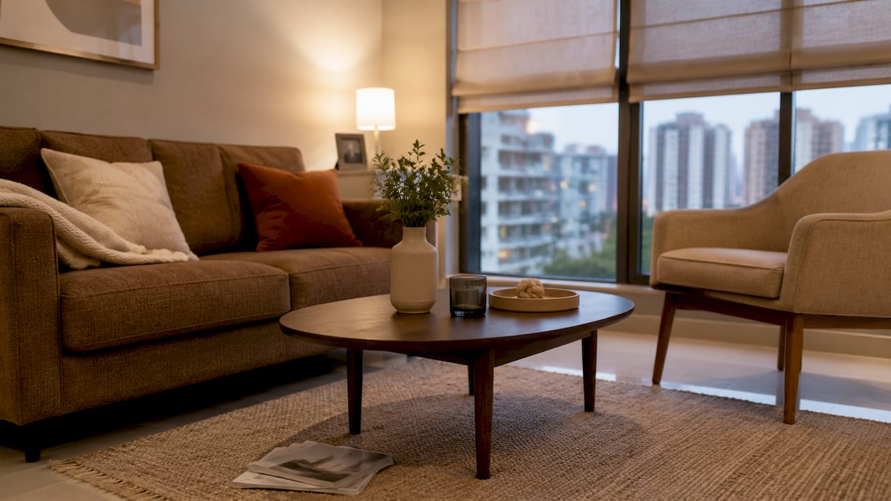 Overhead view of compact condo furniture layout
