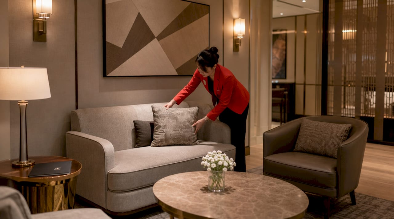 Private club lounge arranged for guest conversation