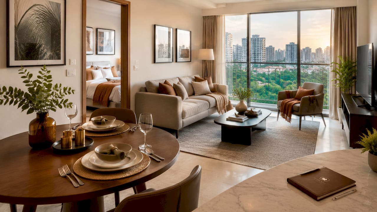 Staged two-bedroom condo interior with city view