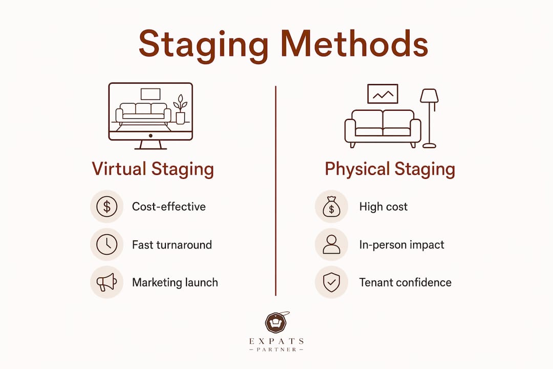 Infographic comparing virtual and physical staging methods in rentals