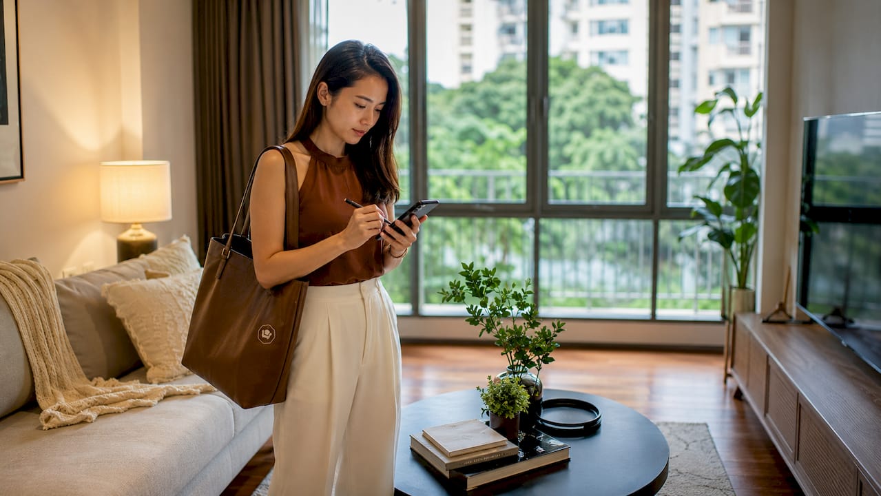 Prospective tenant touring staged HDB apartment living room