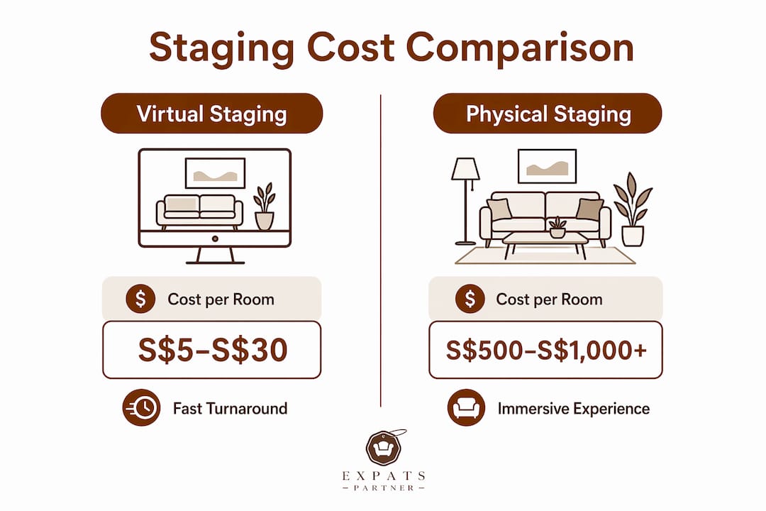 Infographic comparing virtual and physical property staging costs in Singapore