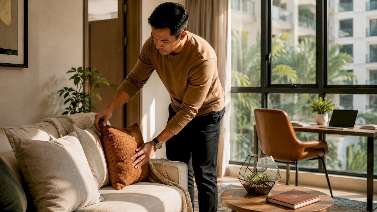 Man arranging living room cushions