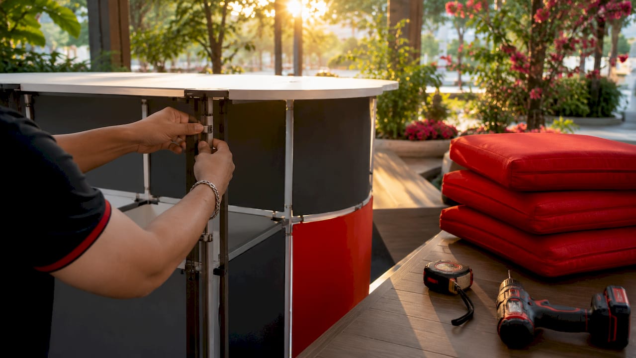 Hands assembling modular event counter furniture