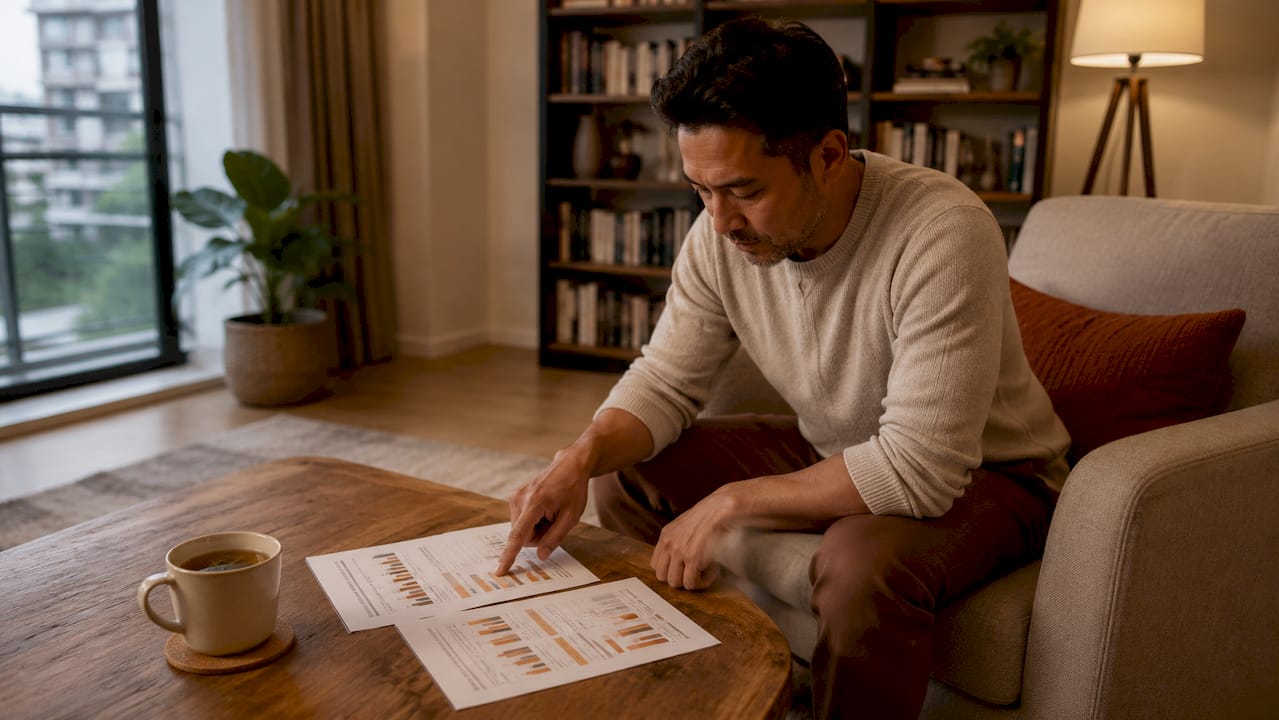 Hands comparing staging furniture rental vs purchase charts